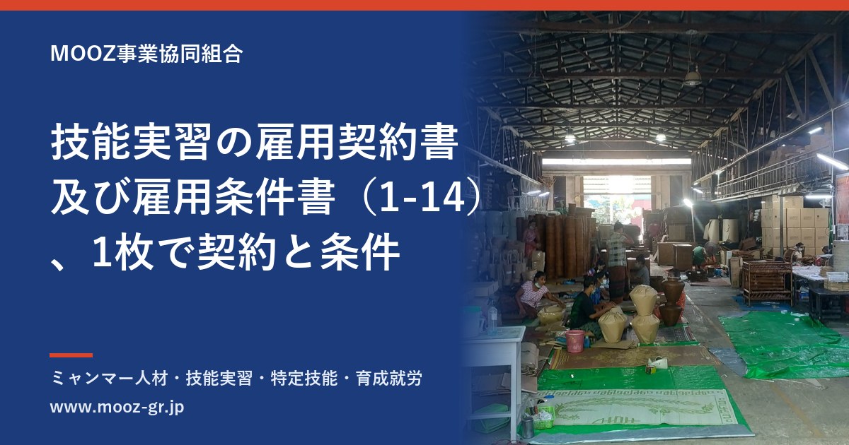 技能実習の雇用契約書及び雇用条件書（1-14）、1枚で契約と条件