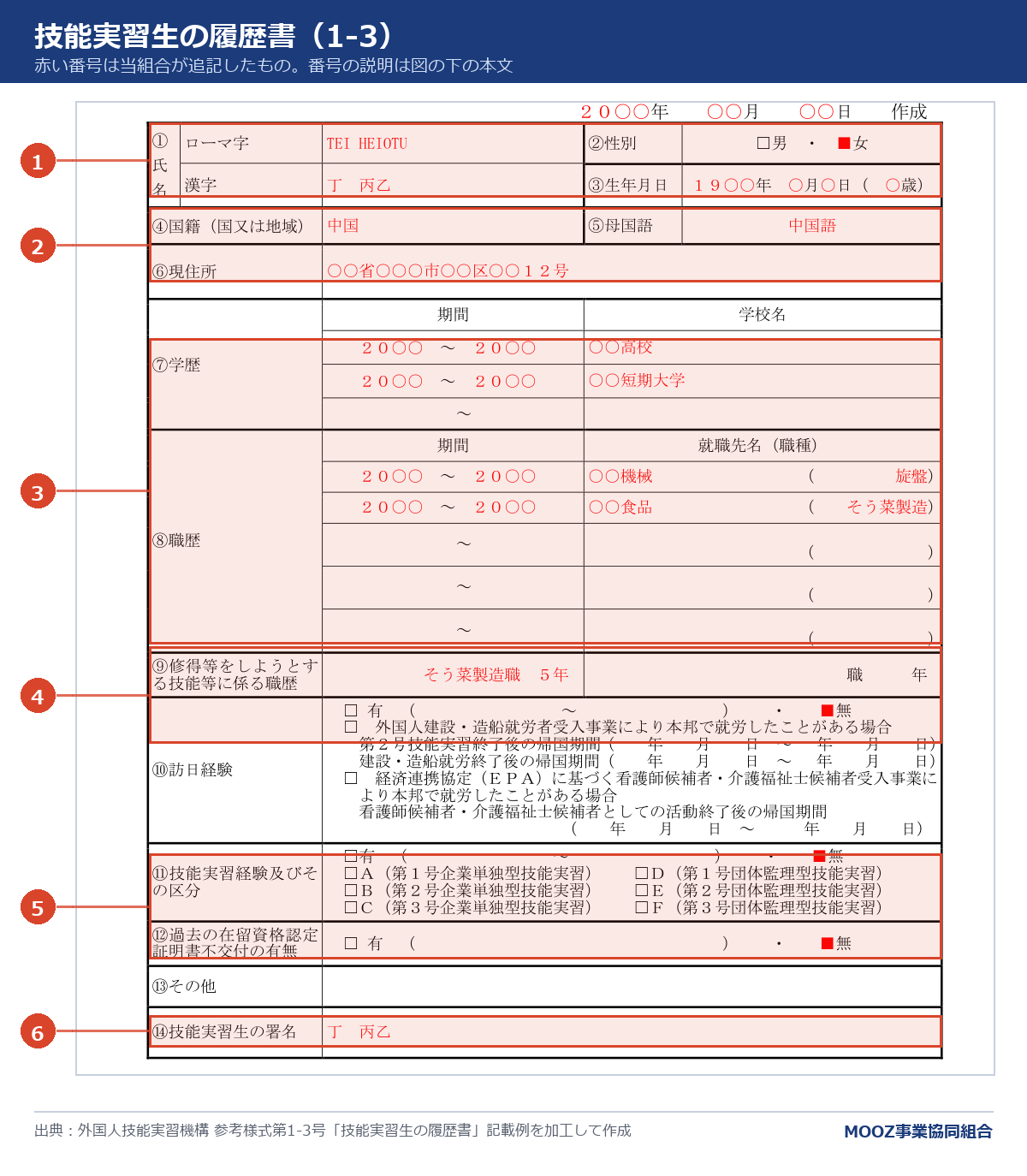 技能実習生の履歴書(1-3)の記載例に番号を付けた図